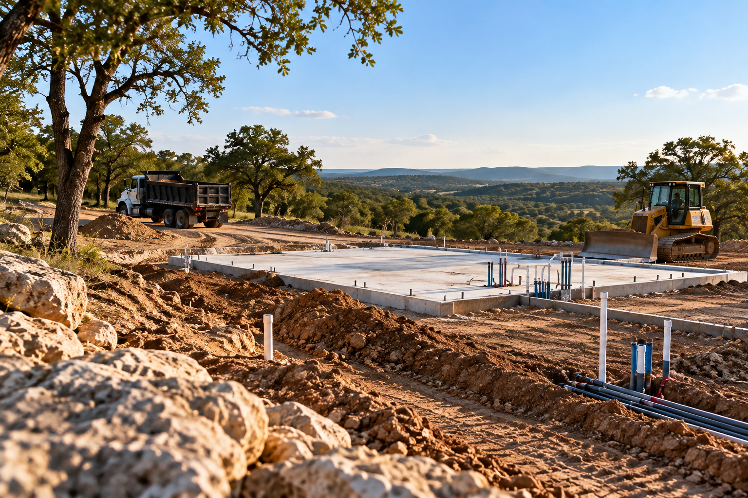 Rural Texas acreage being evaluated and prepared for custom shell home construction.