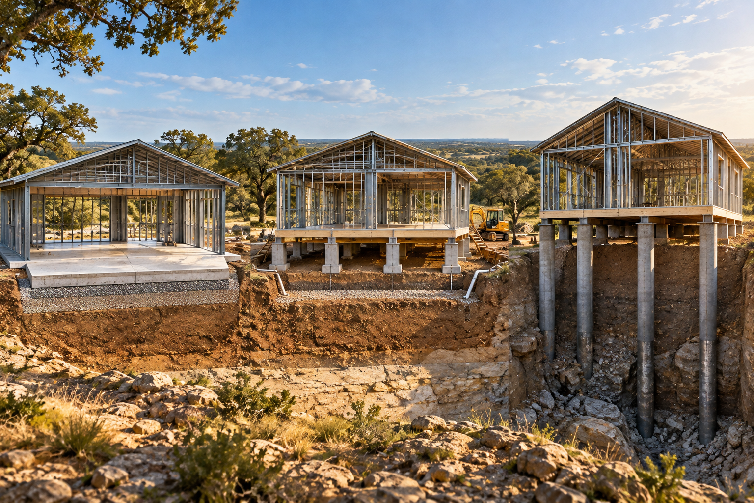 Comparison illustration showing slab, pier and beam, and piling foundation options for a Texas shell home.
