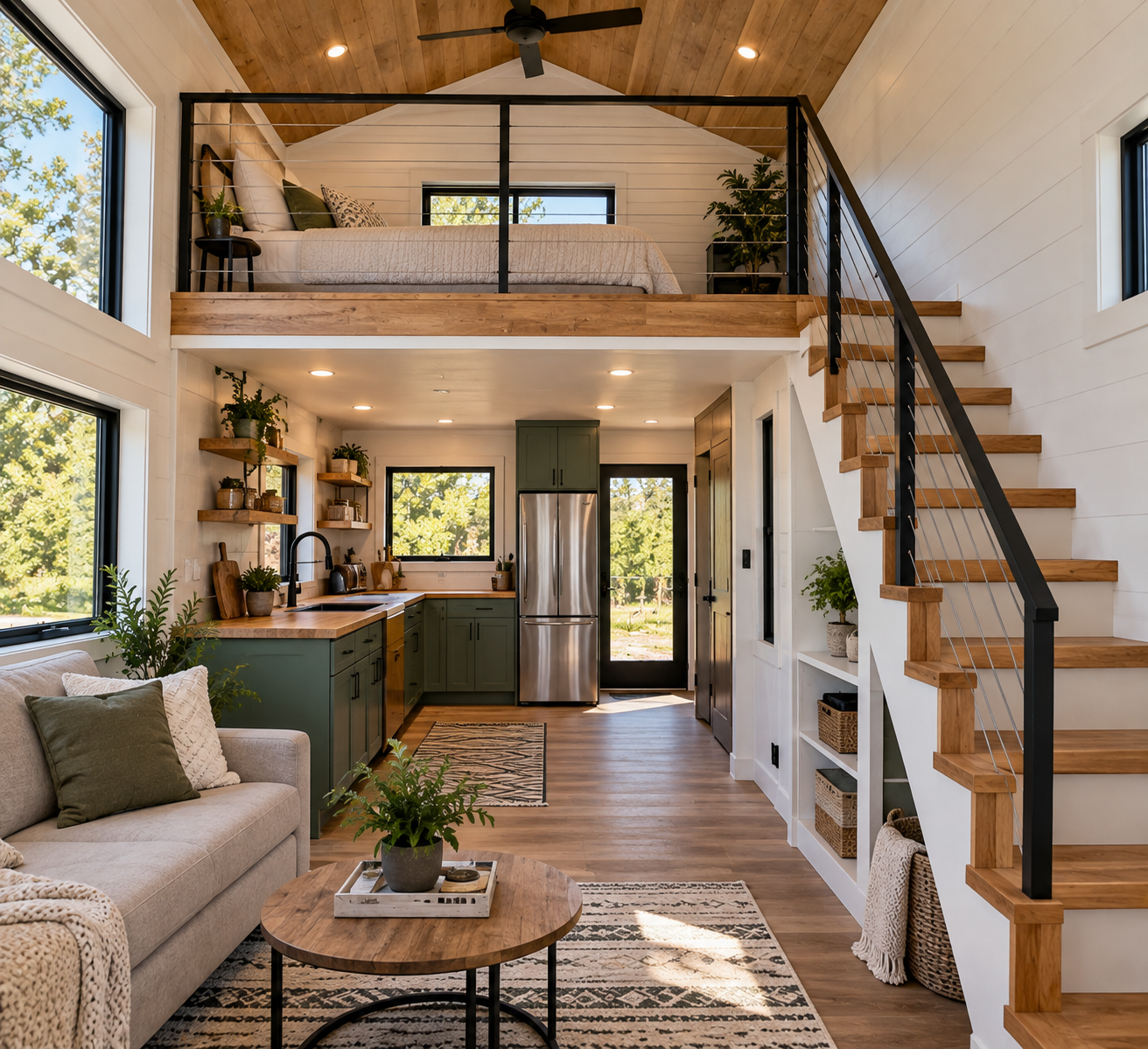  Lofted shell home interior designed to add functional space within a compact Texas home.